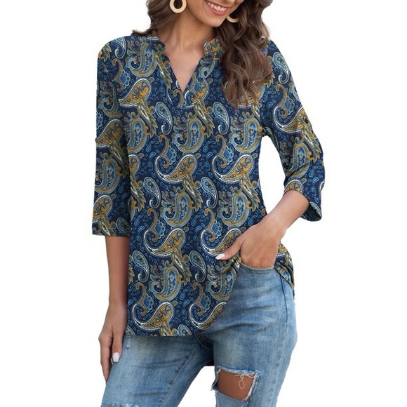 Women's Plus Size Tunic Tops 3/4 Roll Sleeve Notch V Neck Blouses Shirts - Picture 2 of 9